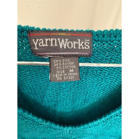 YarnWorks Silk Blend Knit Top Teal Cap Sleeve V-Neck Sweater Size M - Picture 4 of 6
